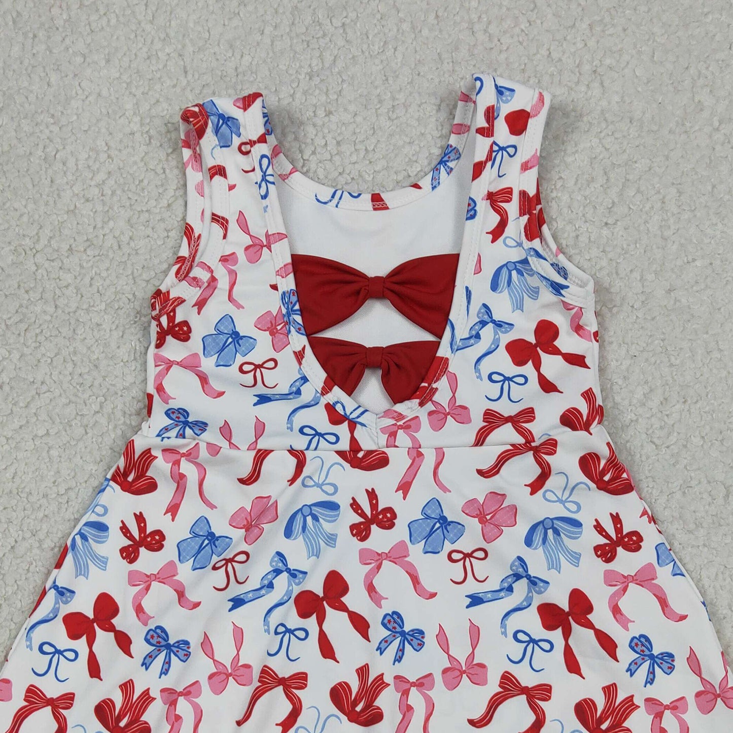 GSD3809 RTS NO MOQ （In stock）Red blue bow scallop kids girls 4th of july athletic dress（副本）