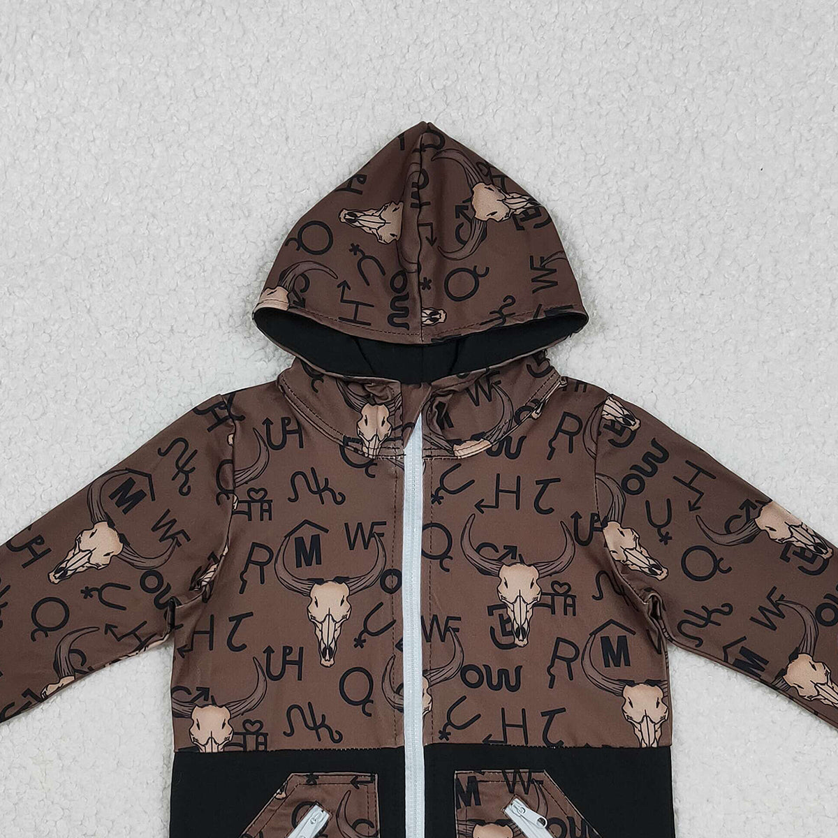 11.12 RTS NO MOQ （In stock）BT1337 Baby Boys Brown Bull Skulls Pocket Zipper Western Hoodies Jackets Top