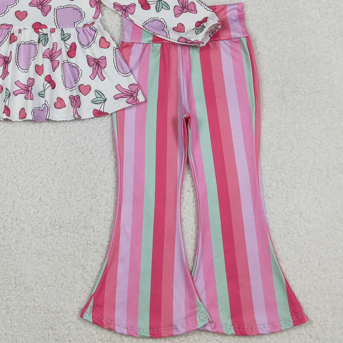 12.13 RTS NO MOQ （In stock）GLP3119 Baby Girls Colorful Hearts Tunic Stripe Bell Bottom Pant Valentines Clothes Sets