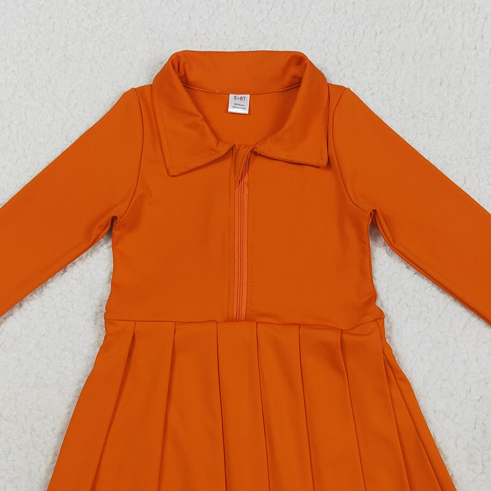 RTS NO MOQ （In stock）GLD1149 Baby Girls Yoga Dress Baby Girls Orange Long Sleeves Zipper Knee Length Dresses
