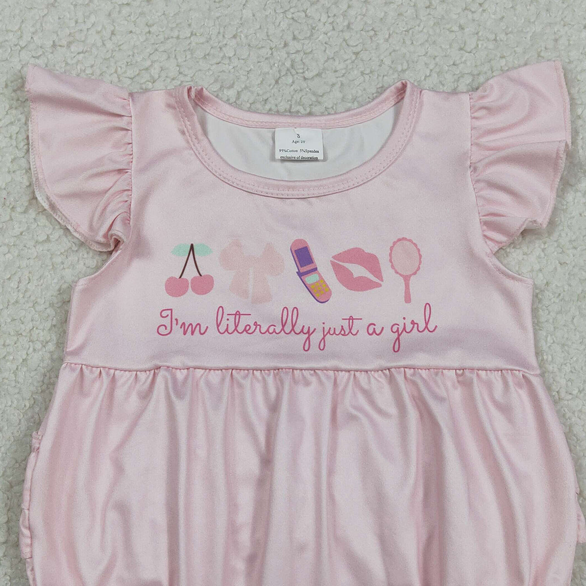 3.7 RTS NO MOQ （In stock）SR3825 Children's Fashion Romper Baby Girls Pink Flutter Sleeve Cherry Bows I'm Just a Girl Ruffle Rompers