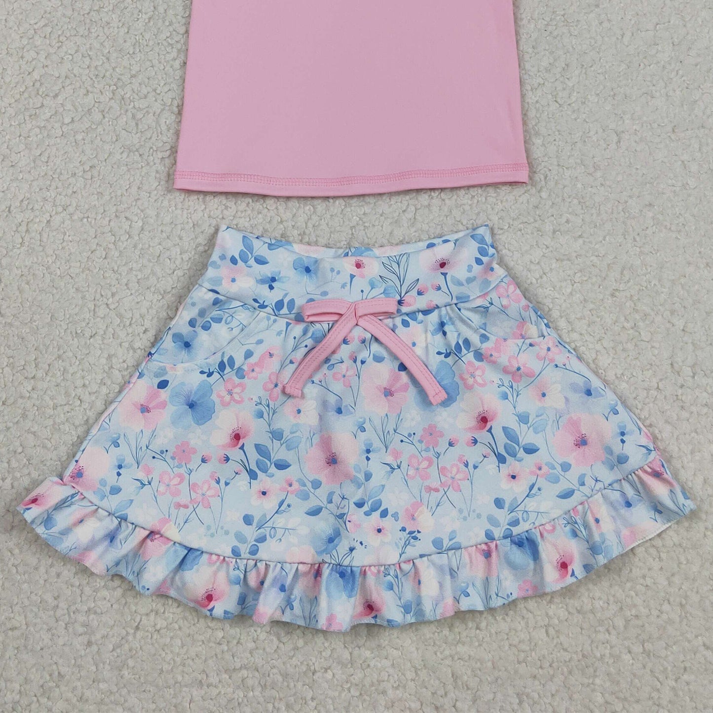 GSD3773 RTS NO MOQ （In stock ）Sleeveless pink top floral skirt girls active wear set