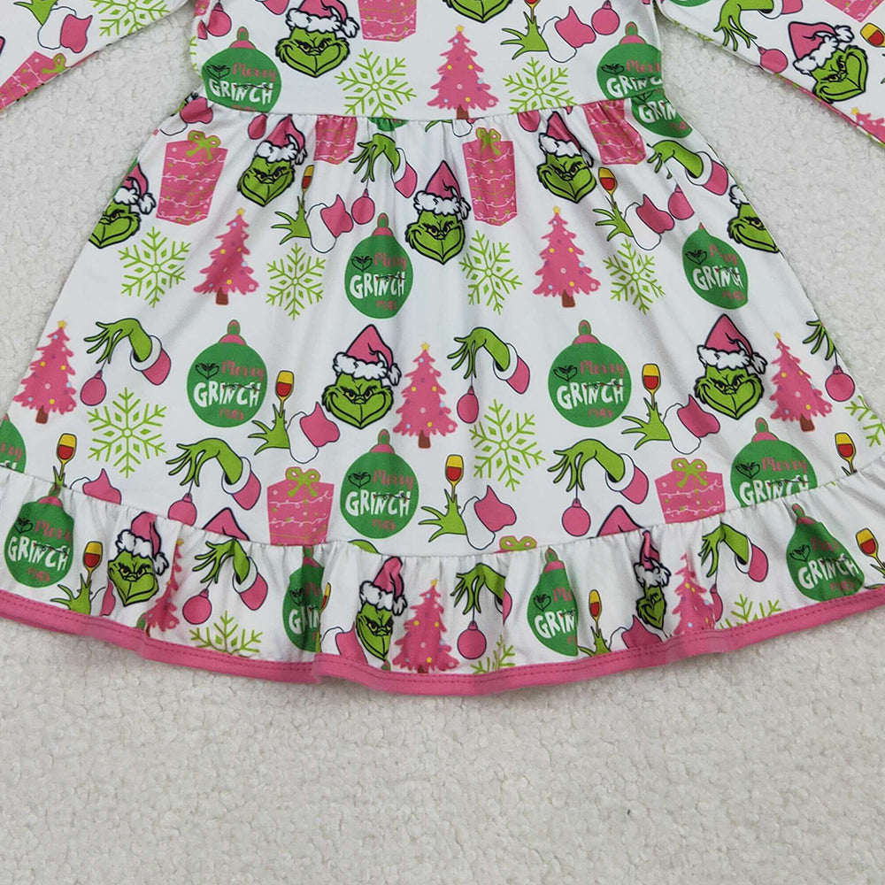 RTS NO MOQ （In stock）GLD1277 Baby Girls Winter Dress Green Face Gifts Christmas Ruffle Knee Length Dresses