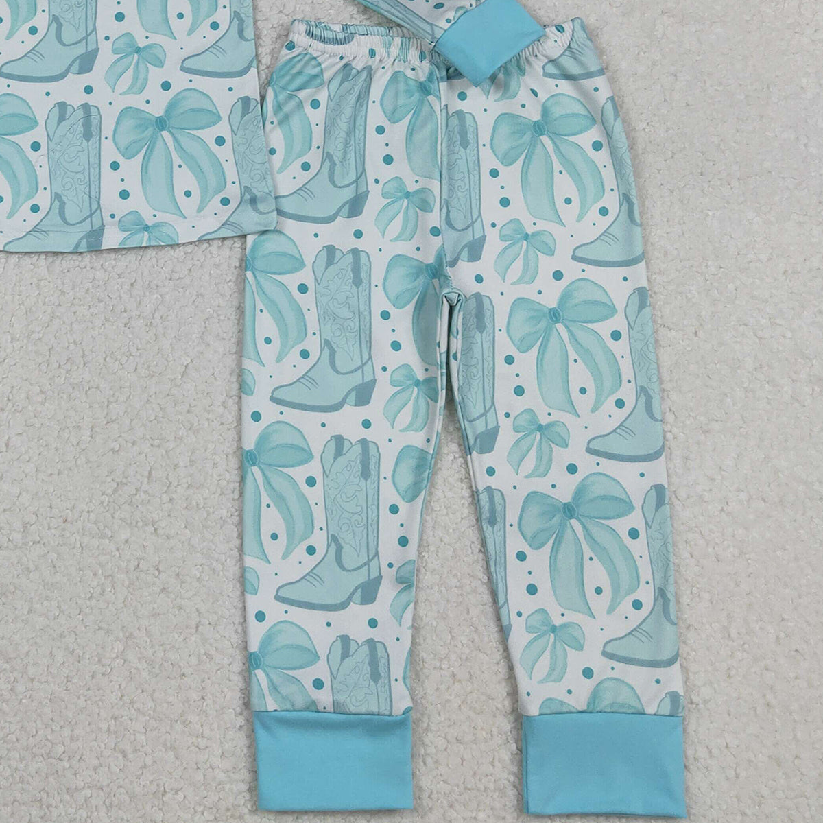 12.11 RTS NO MOQ （In stock）GLP2732 Baby Girls Light Blue Bows Boots Top Pant Western Pajamas Set