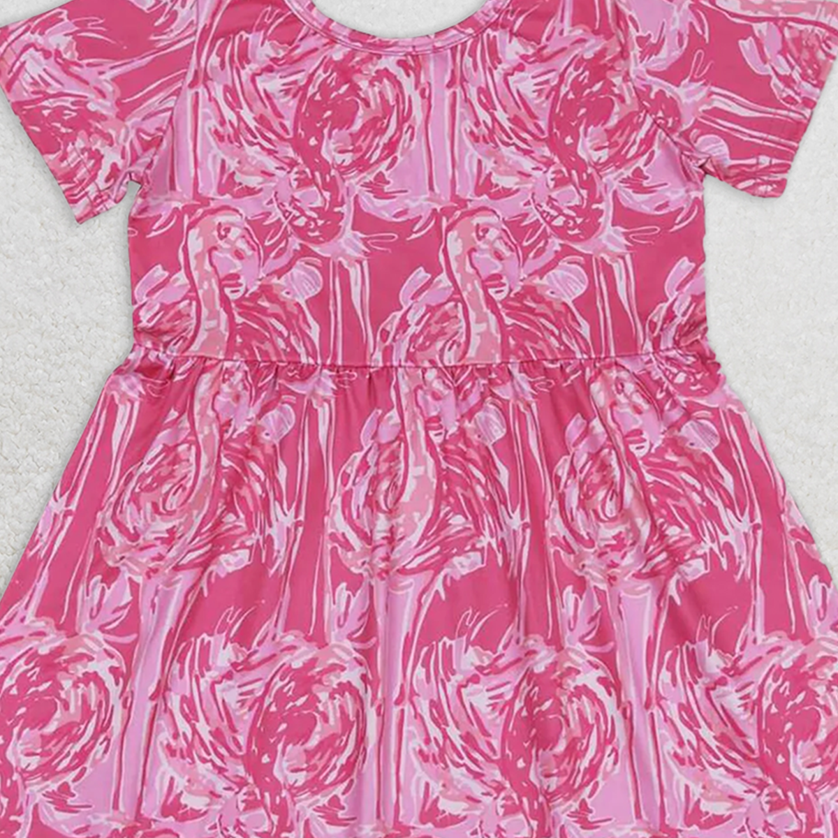 GSD1116 RTS NO MOQ Baby Girls Summer Dress Short sleeves hot pink watercolor flamingo girls summer dress