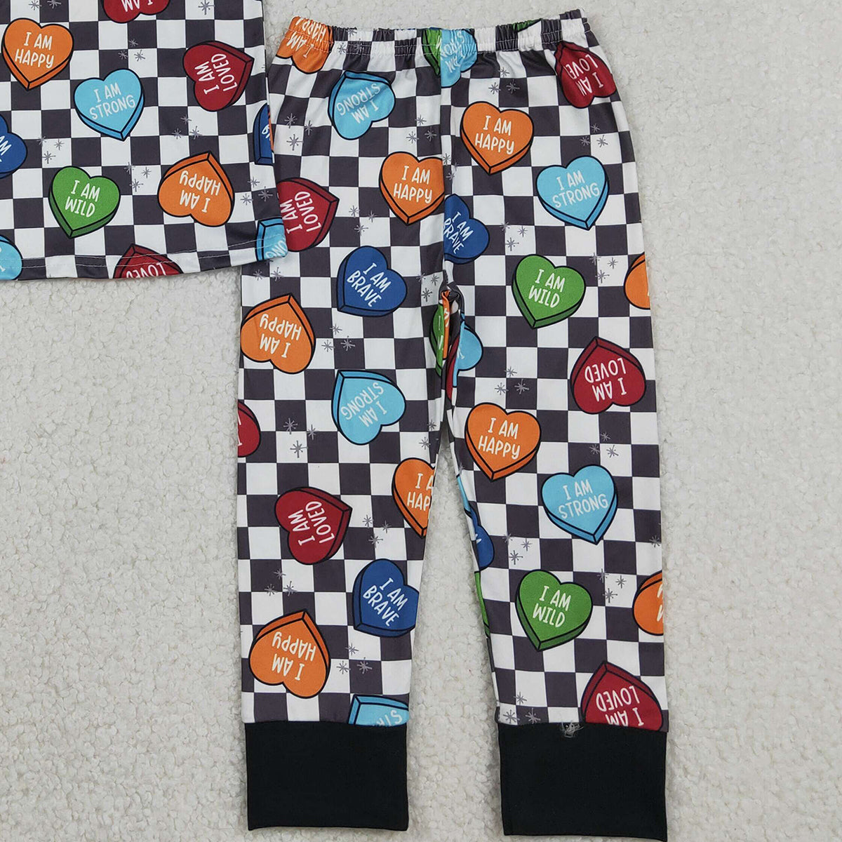 12.16 RTS NO MOQ （In stock）BSPO0490 Baby Boys Black Checked Hearts Top Pants Valentines Pajamas Sets