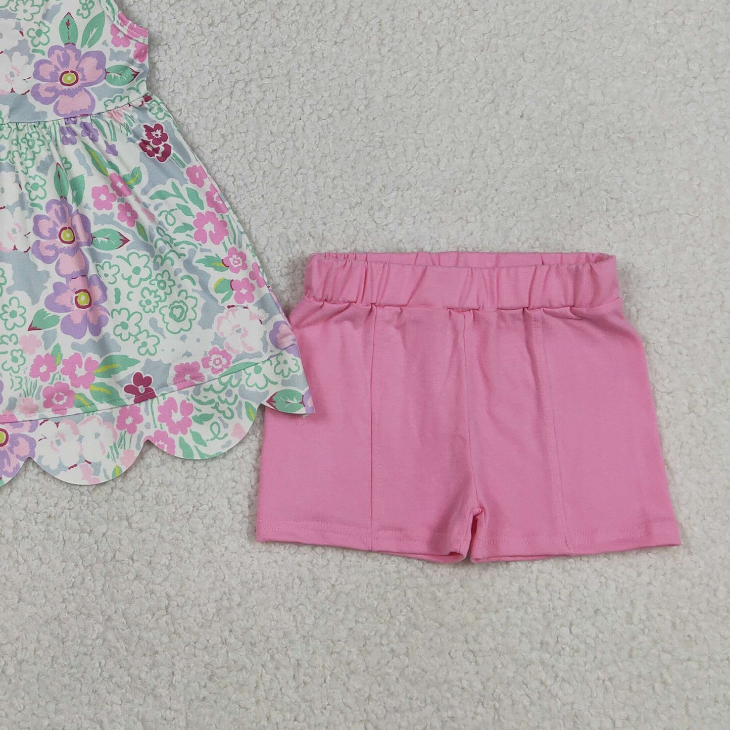 GSSO3385 RTS NO MOQ （In stock ）Sleeveless floral scallop tunic pink shorts girls outfits