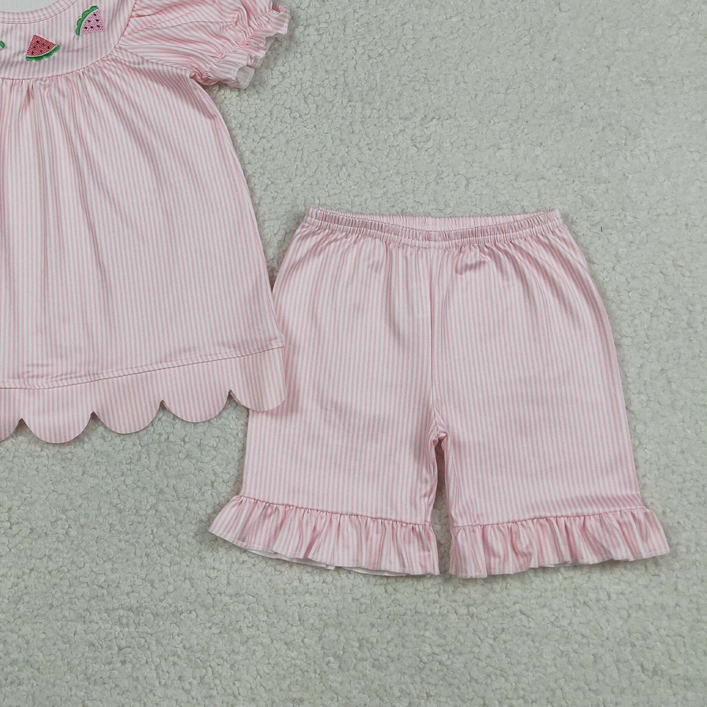 GSSO3239 RTS NO MOQ （In stock ）pink stripe watermelon embroidery scallop girls outfits