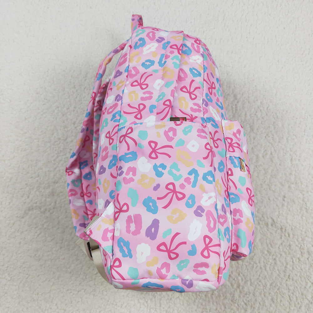 RTS NO MOQ （In stock）BA0319 Baby Bags Baby Kids Pink Leopard Bows School Zipper Ruffle Back Bags