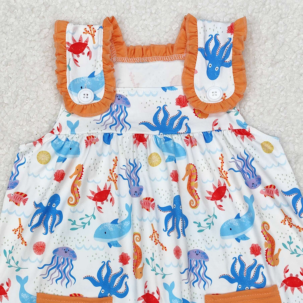 GSD1961Baby Girls Sleeveless Dress with Seahorse & Octopus Pockets Cute Sea Creature Print for Little Ones