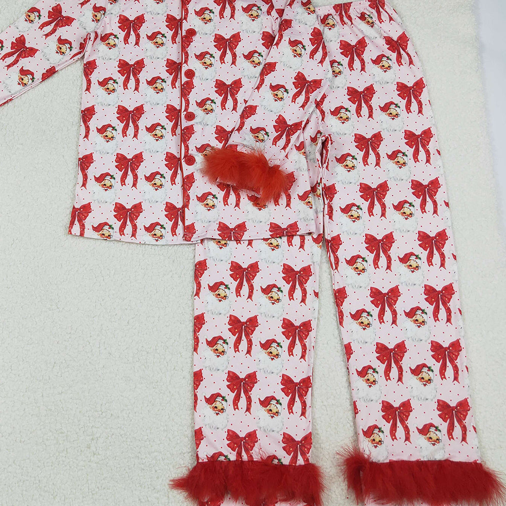 RTS NO MOQ （In stock）GLP2715 Adult women's pajamas set Red Bows Santa Button Top Pants Christmas Fur Pajamas Sets