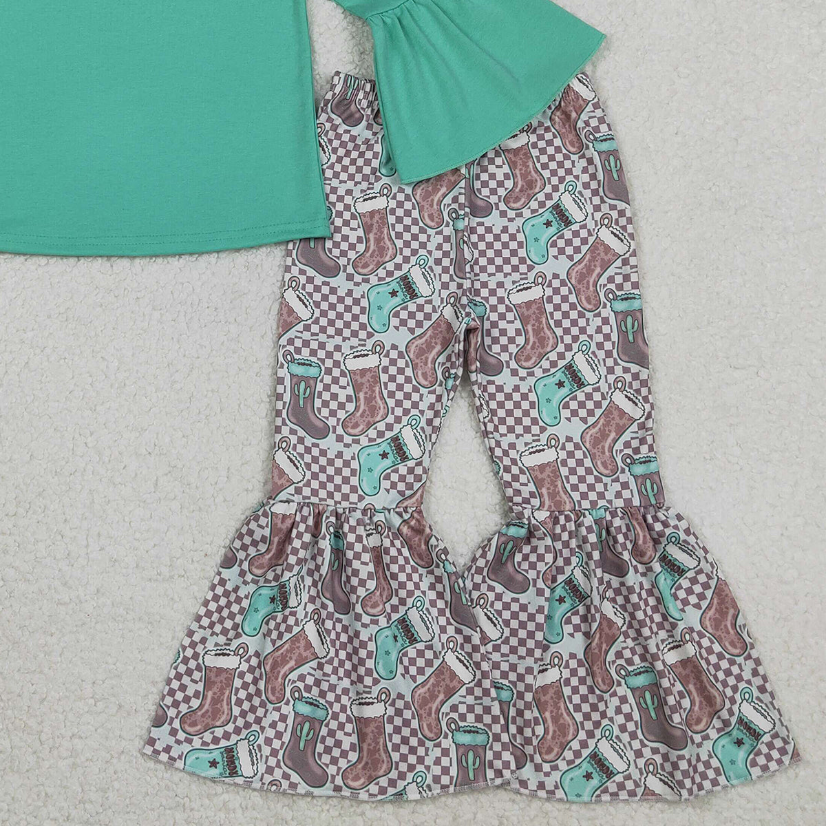 11.6 RTS NO MOQ （In stock）GLP3036 Baby Girls Aqua Top Cactus Boots Bell Bottom Pants Western Clothes Sets
