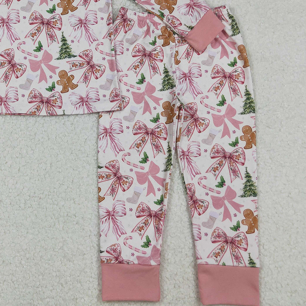 RTS NO MOQ （In stock）GLP2542 Baby Girls Winter Outfits Pink Christmas Trees Gingerbread Top Pants Pajamas Sets