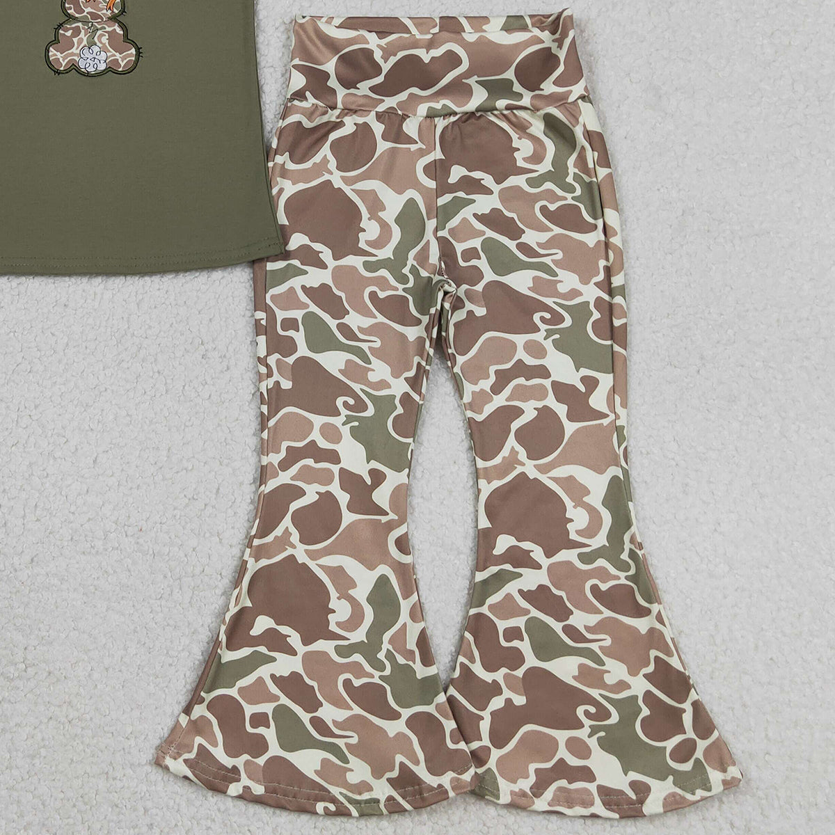 3.17 RTS NO MOQ （In stock）GSPO2110 Summer Baby Girls Embroidery Camo Rabbit Shirt Top Bell Bottom Pants Easter Clothes Sets