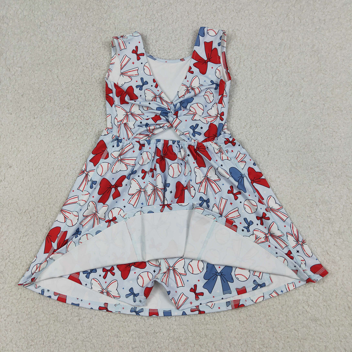 4.8 GSD2150 RTS NO MOQ （In stock) Sleeveless red blue bow baseball kids girls athletic dresses