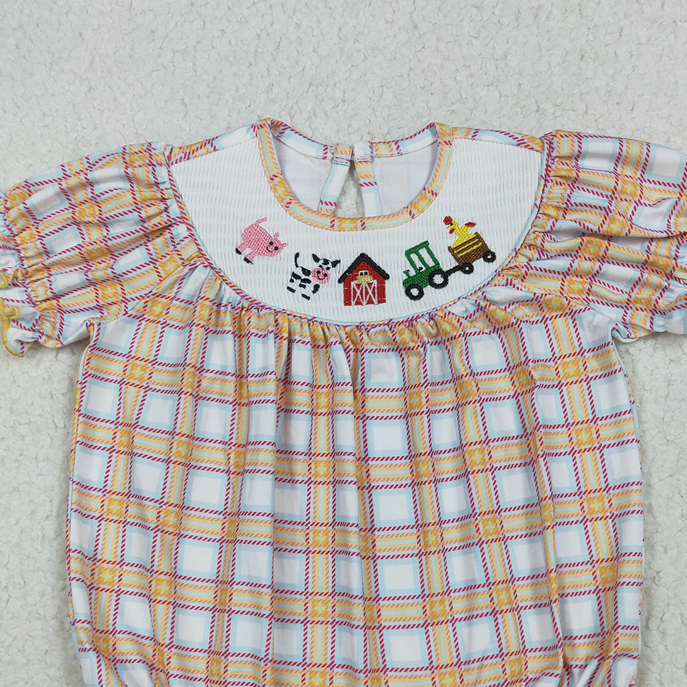 RTS NO MOQ （In stock） SR2982 Baby Girls Summer Rompers Short sleeves plaid cow tractor farm baby girls romper