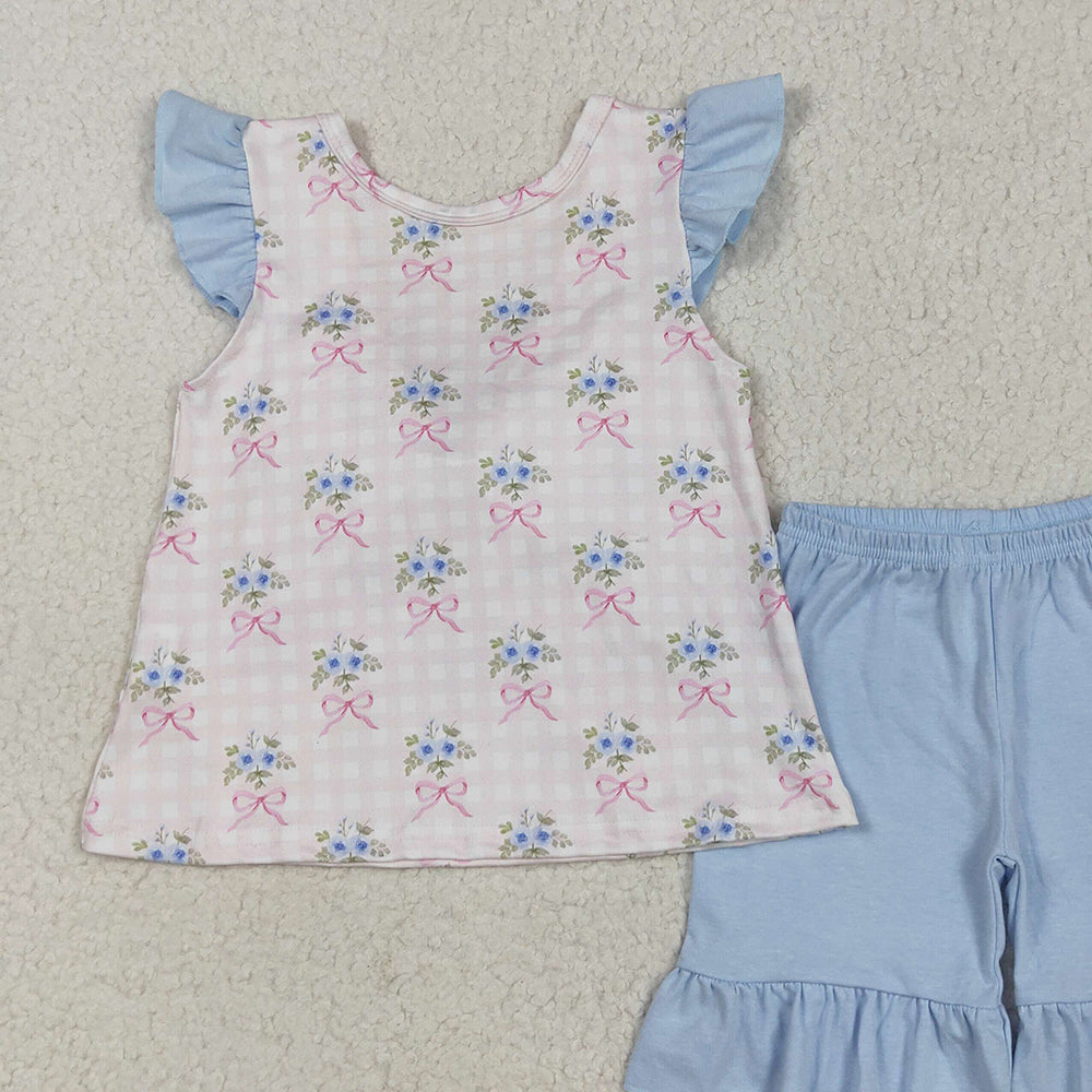 5.17  GSSO1577RTS NO MOQ Baby Girls Summer Outfits Baby Girls Floral Flutter Sleeves Top Blue Short Set