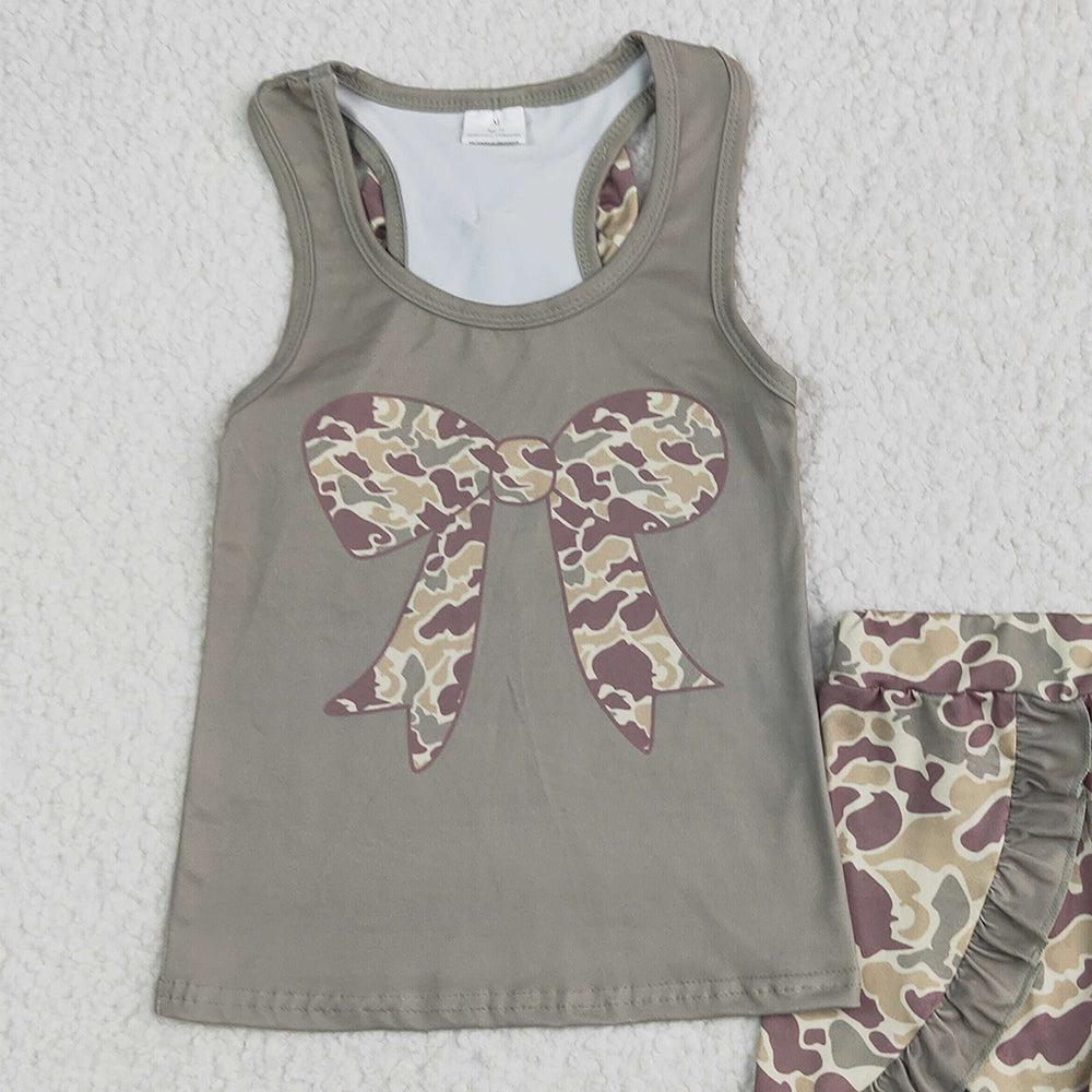 USA Shop (in stock) GSSO1629 RTS NO MOQ Baby Girls Summer Outfits Baby Girls Dark Green Bows Vest Ruffle Shorts Clothes Sets