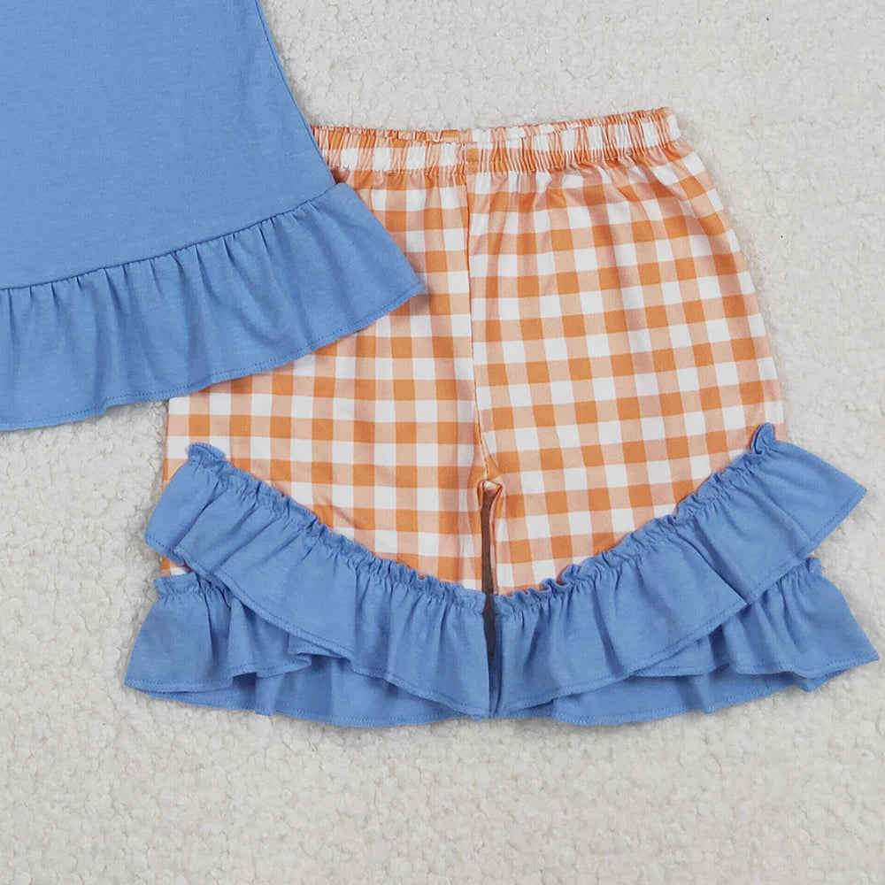 RTS NO MOQ （In stock）GSSO2700  Baby Girls Summer Outfits Embroidery Dogs Pumpkins Tunic Ruffle Shorts Clothes Sets