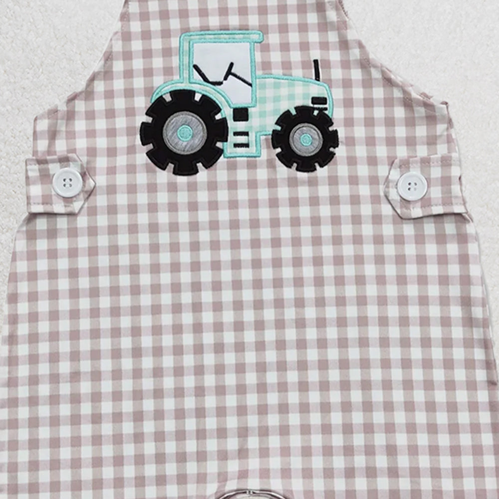 SR0631 RTS NO MOQ Baby Boys Summer Rompers Baby Infant Boys Straps Tractor Khaki Chekered Summer Farm Rompers