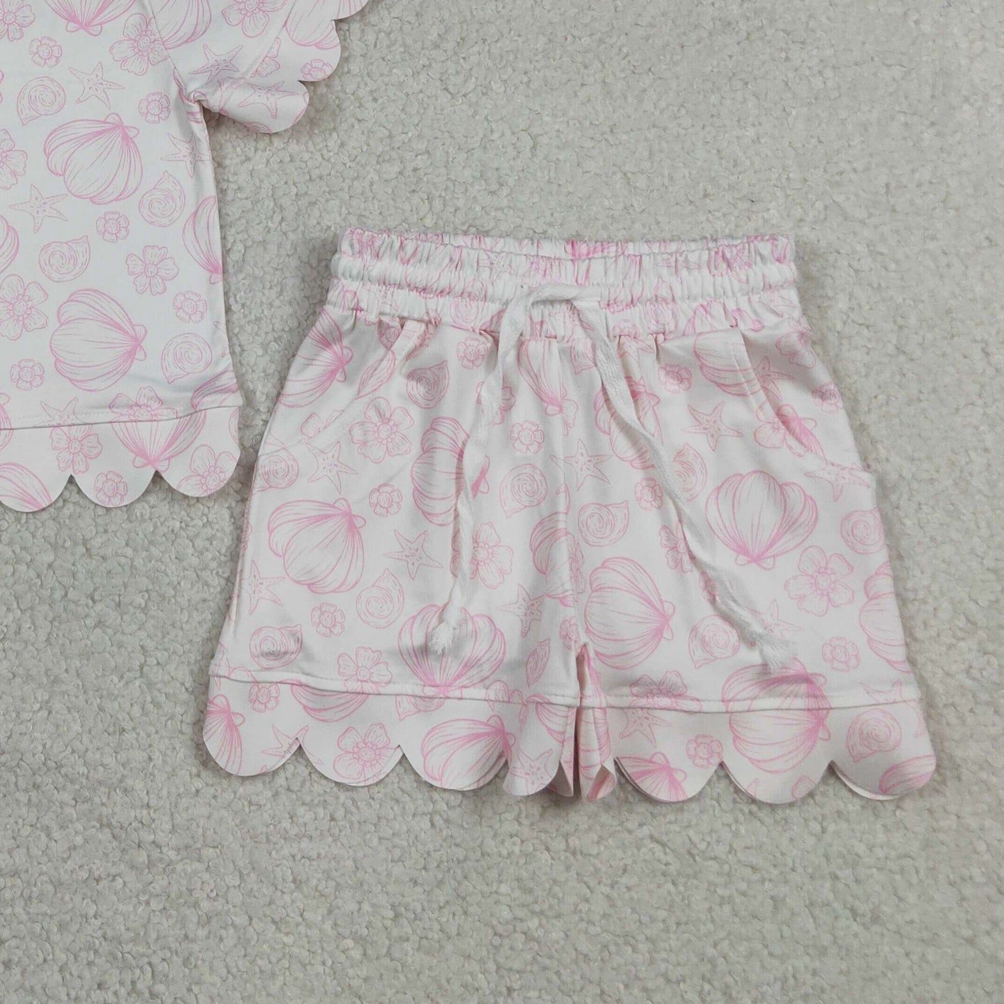GSSO3729 RTS NO MOQ （In stock）Short sleeves scallop shell starfish girls summer outfits