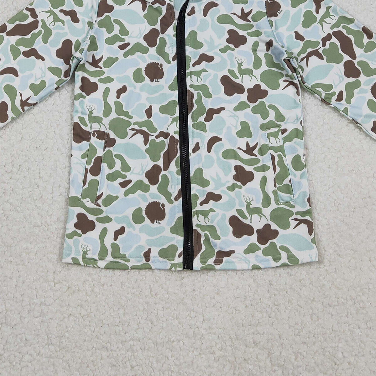 11.3 RTS NO MOQ （In stock）BT1399 Baby Boys Green Brown Deer Camo Pockets Zipper Southern Hoodies Top