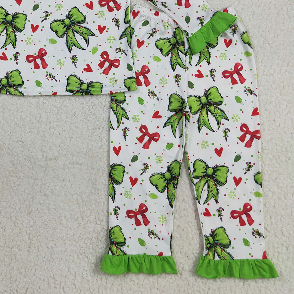 RTS NO MOQ （In stock）GLP2628 Baby Girls Winter Outfits Baby Girls Christmas Green Red Bows Hearts Top Pant Pajamas Sets