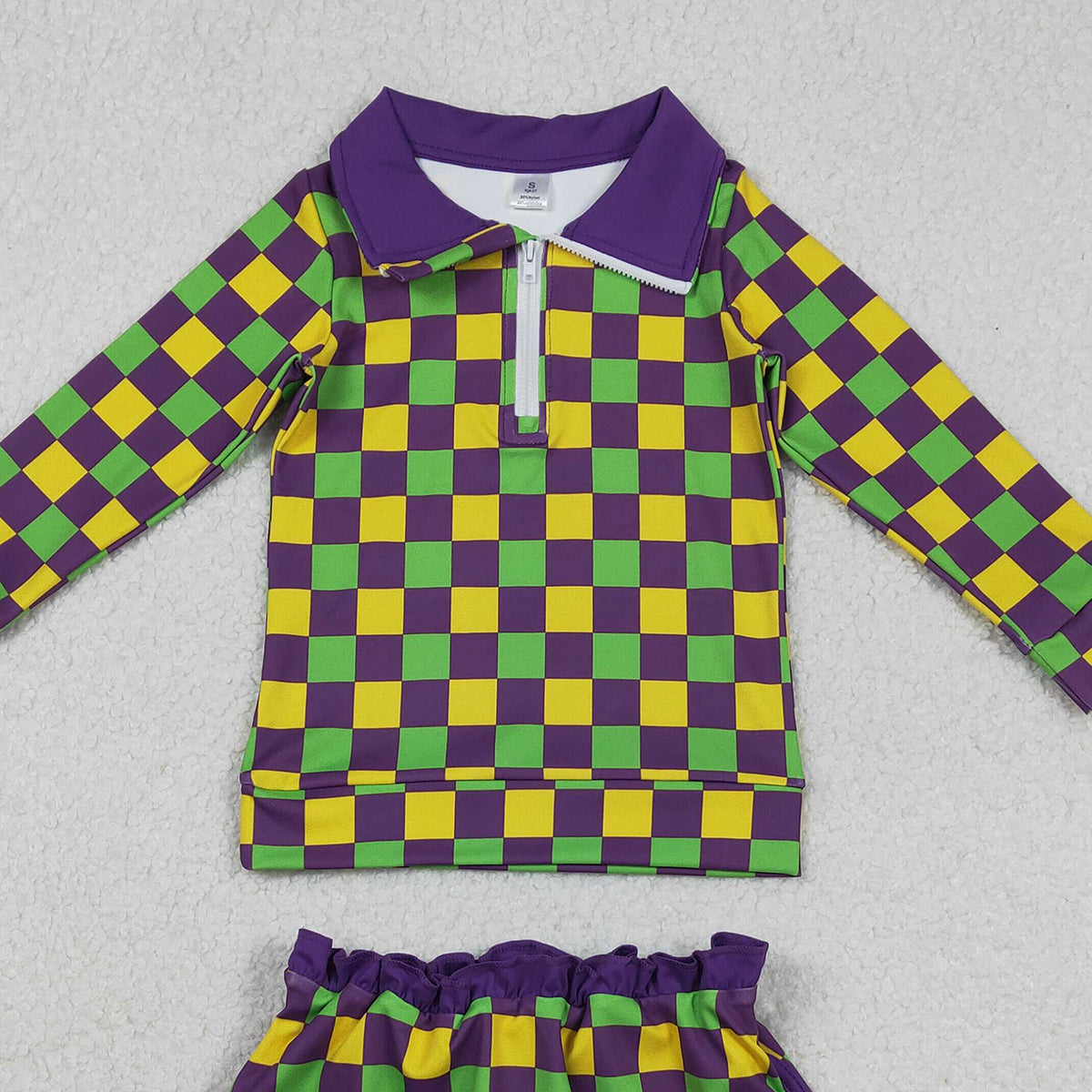 12.15 RTS NO MOQ （In stock）GLD1362 Baby Girls Mardigras Checked Zipper Pullovers Skirt Shorts Yoga Clothes Set