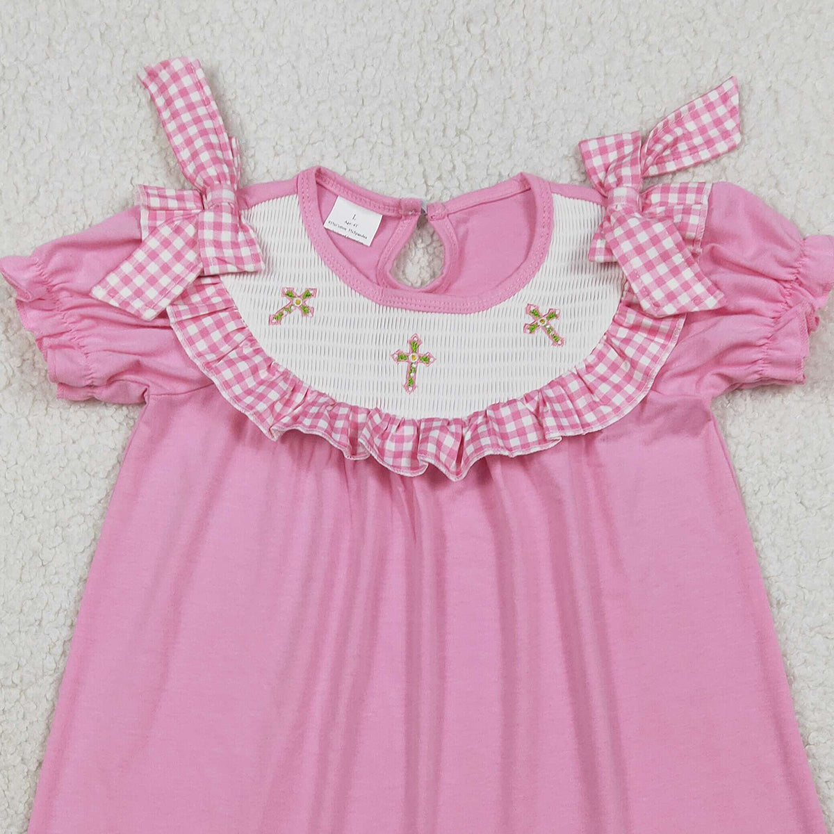 1.13 RTS NO MOQ （In stock）GSD3178 Smocked Crosses Baby Girls Short Ruffle Sleeve Easter Knee Length Dresses