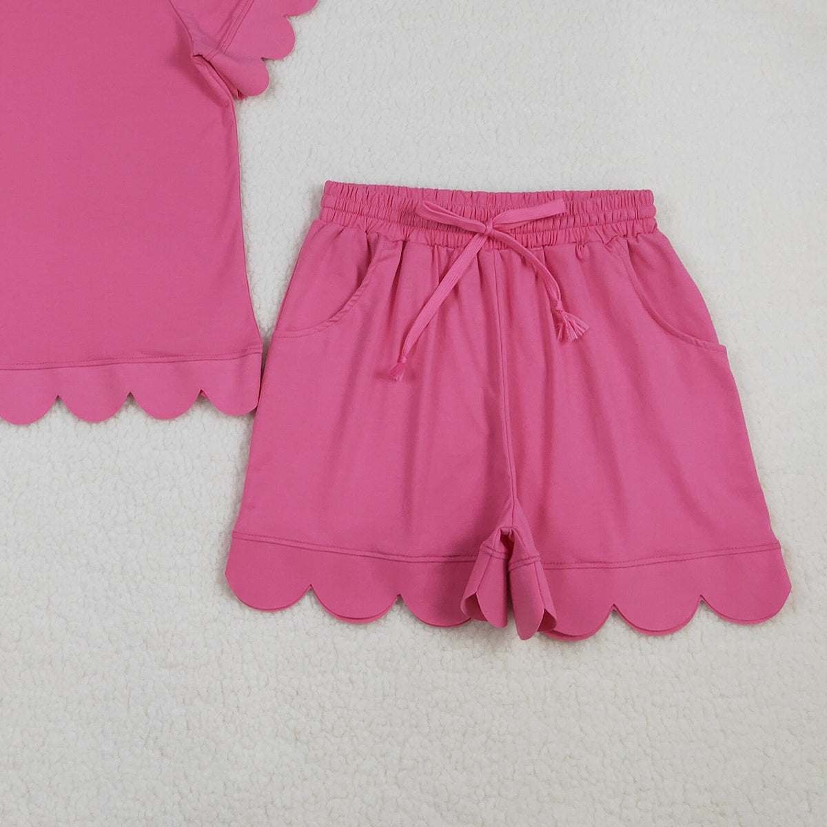 3.27 RTS NO MOQ （In stock）GSSO3204 Hot pink scallop top shorts adult women summer outfits