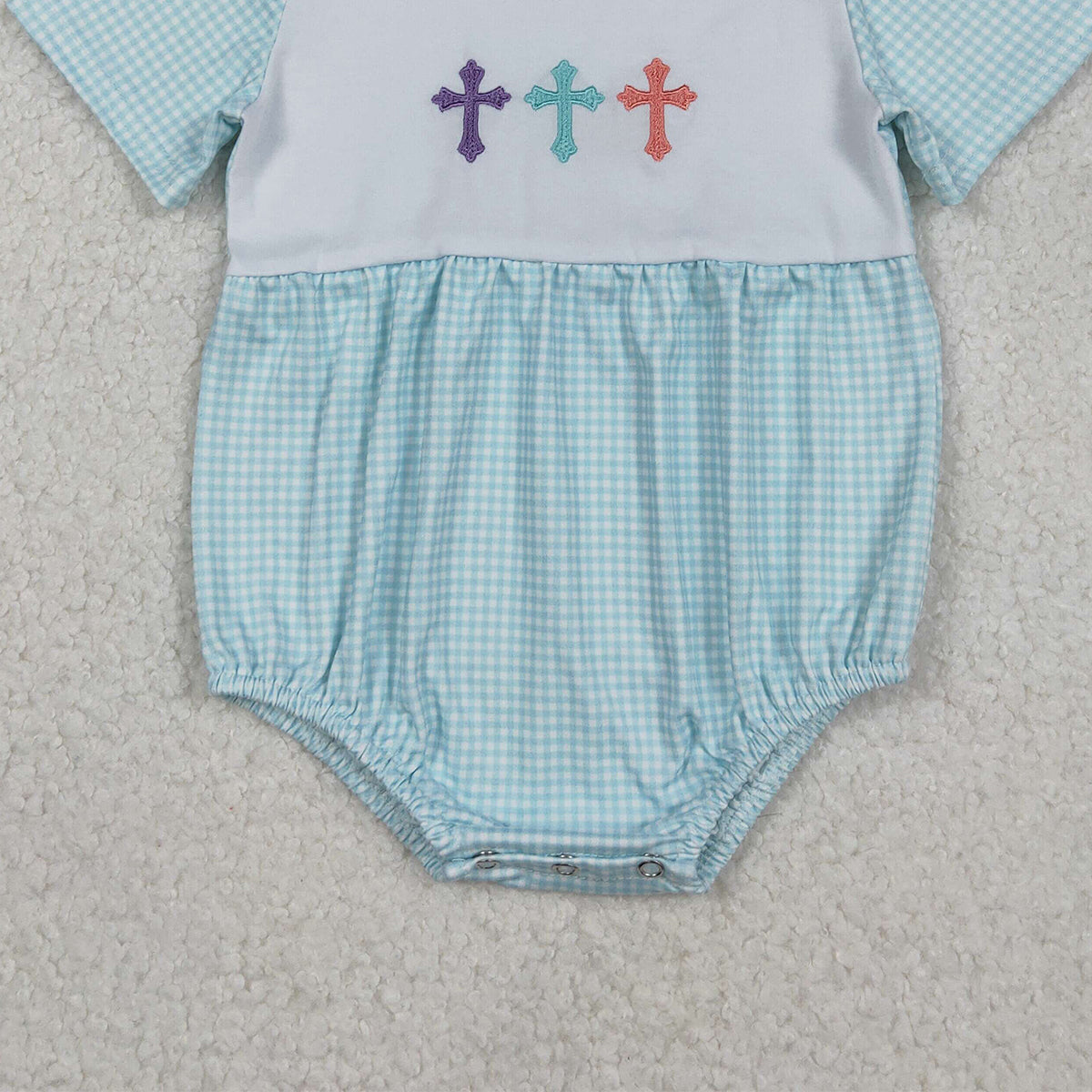 11.8 RTS NO MOQ （In stock）SR3215 Baby Boys Summer Rompers Embroidery Crosses Baby Boys Blue Checked Short Sleeve Easter Rompers