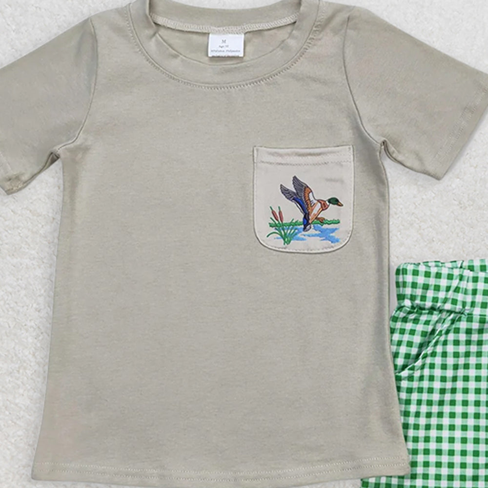 BSSO0734 RTS NO MOQ Baby Boys Summer Boys Outfits  Baby Boys Ducks Green Shirt Checkered Shorts Clothes Sets