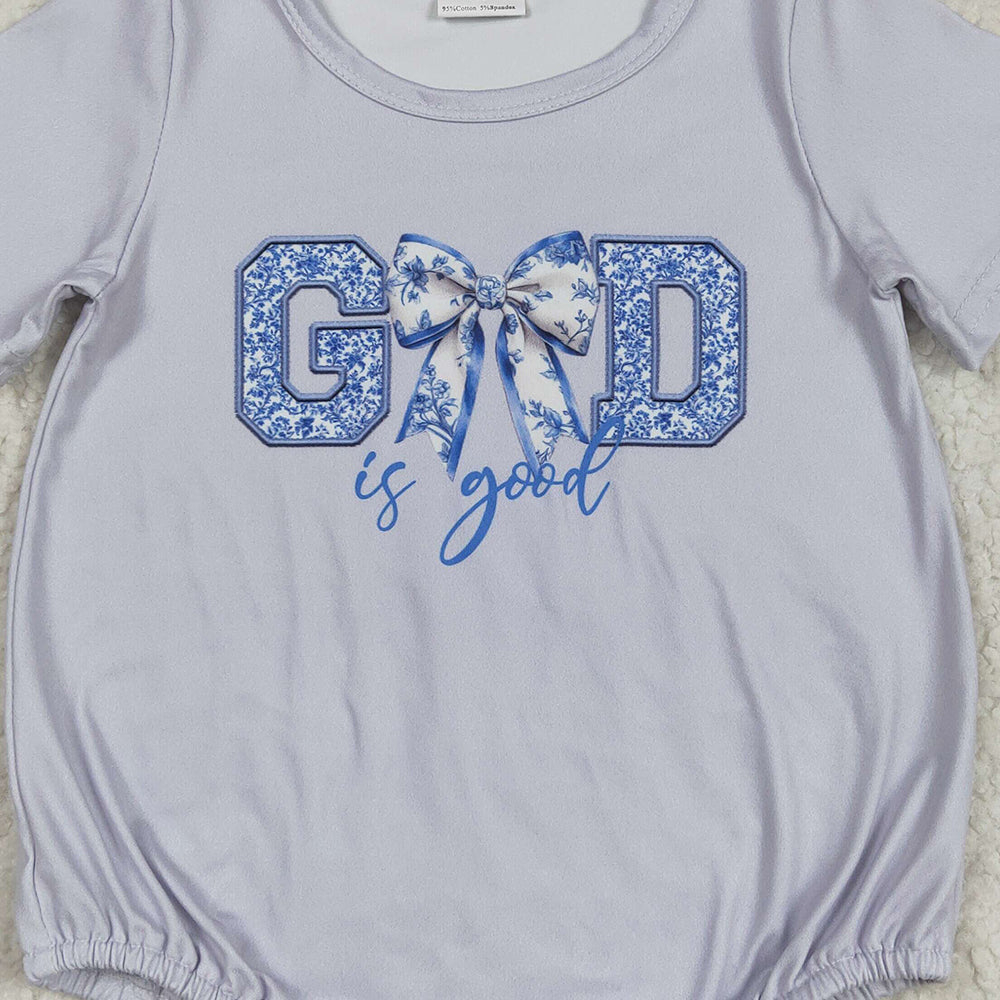 SR2772 RTS NO MOQ Baby Boys Summer Rompers Light Blue Floral Bow Baby Romper Short Sleeves 'God Is Good' Print Infant Outfit Casual Comfortable Clothing for Babies