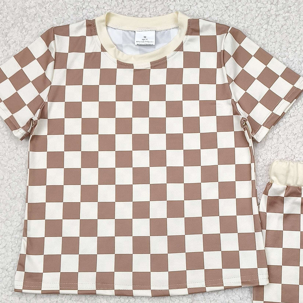 BSSO1422RTS NO MOQ  Baby Boys Summer Boys Outfits Khaki Plaid Baby Kids Summer Clothing Short Sleeve Comfortable Soft Polyester Square Patterned Romper for Infants