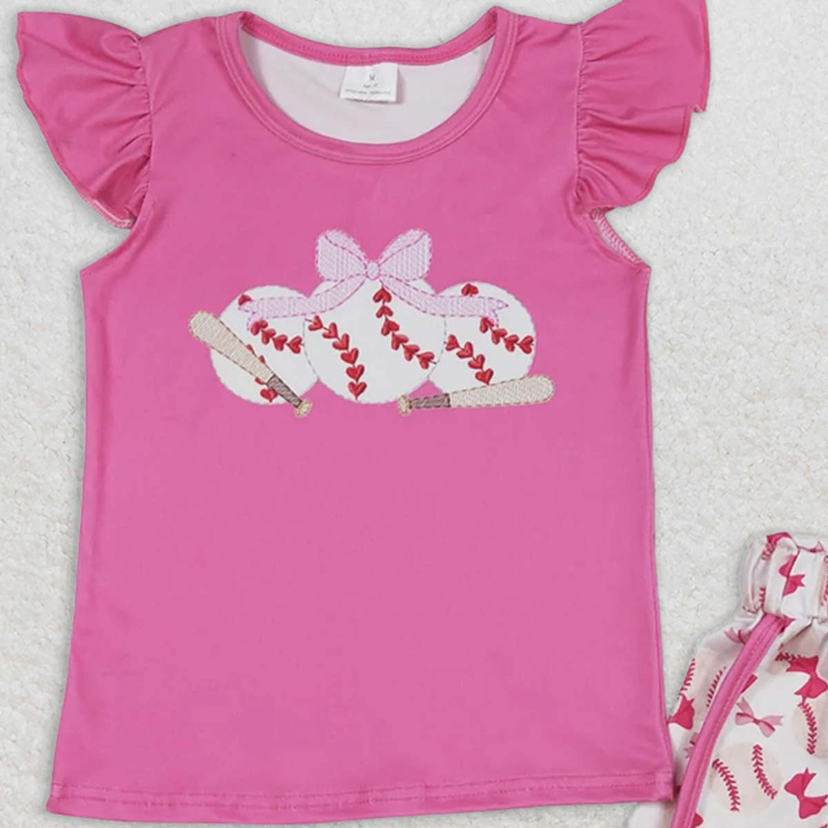 GSSO1685RTS NO MOQ Baby Girls Summer Outfits Girls Pink Flutter Sleeve Baseball Bow Top Shorts Outfit Set Cute Feminine Clothing Set for Kids