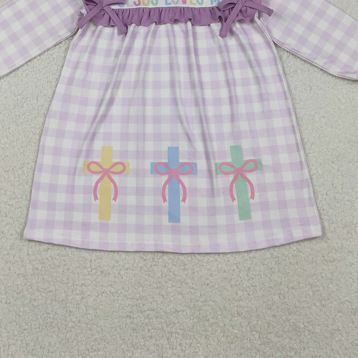 10.27 RTS NO MOQ （In stock）GLD1356 Baby Girls Winter Dress Baby Girls Lavender Checked Jesus Love Me Cross Knee Length Dresses