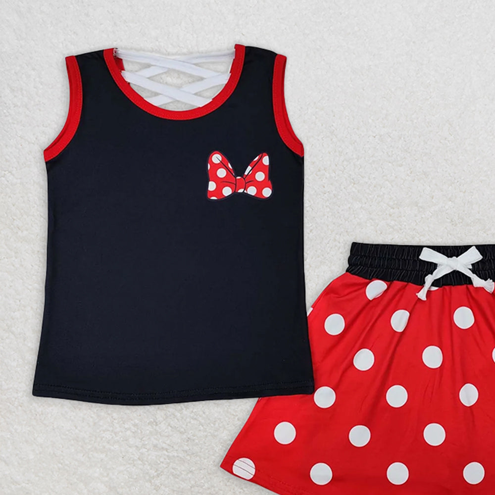 GSD2069RTS NO MOQ Baby Girls Skirt Sets Girls Black Polka Dot Sleeveless Bow Top Skirt Set Cute Casual Outfit for Kids