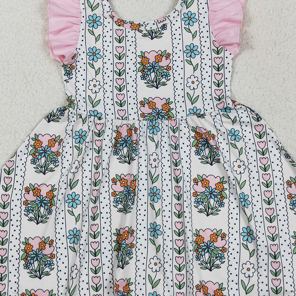 GSD2527 RTS NO MOQ Baby Girls Summer Dress Baby Girls Pink Flutter Sleeves Floral Stripe Knee Length Dress
