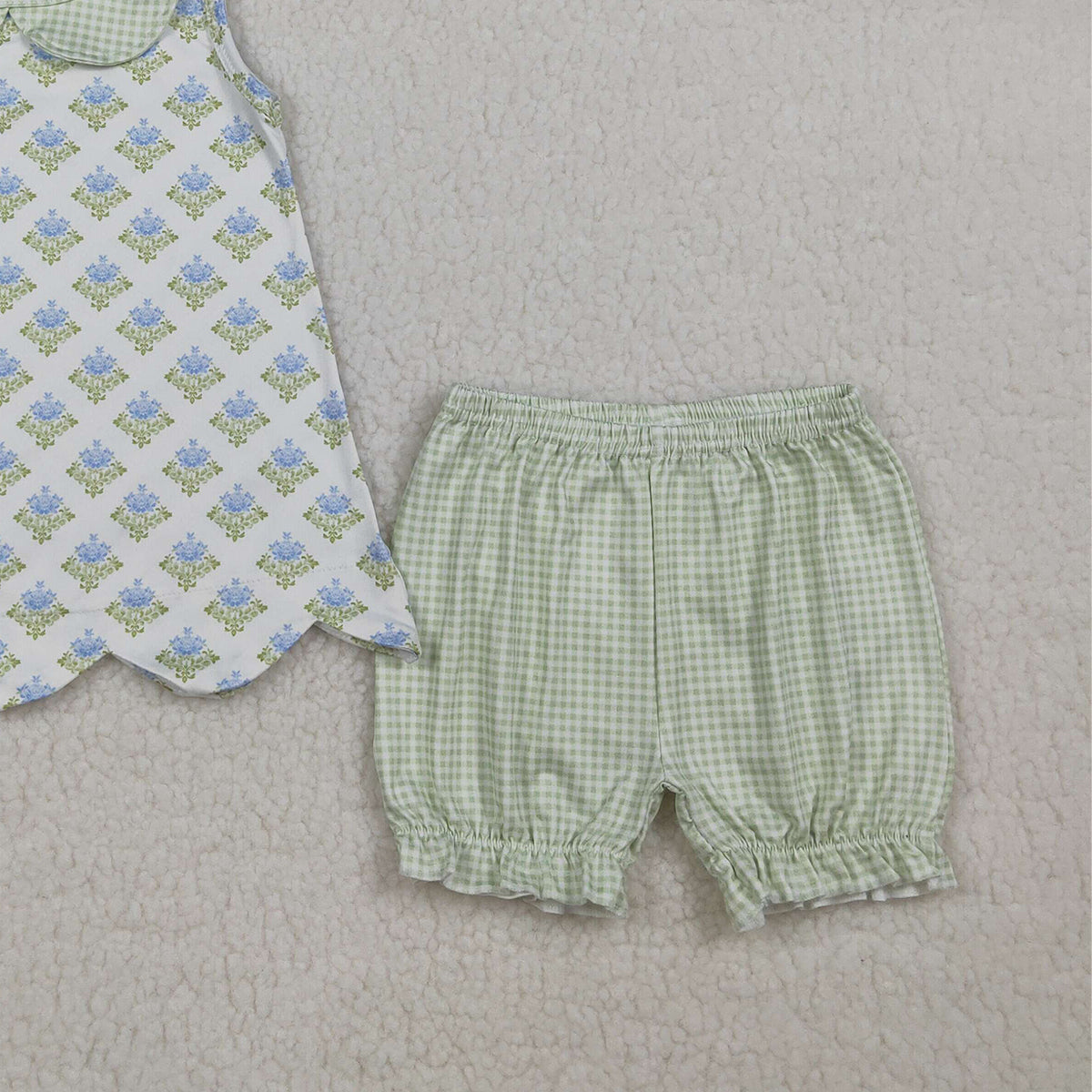 3.25 RTS NO MOQ （In stock）GSSO2850 Kids Clothing for Baby Girls Sleeveless Green Flowers Plaid Collar Tunic Ruffle Shorts Clothes Sets