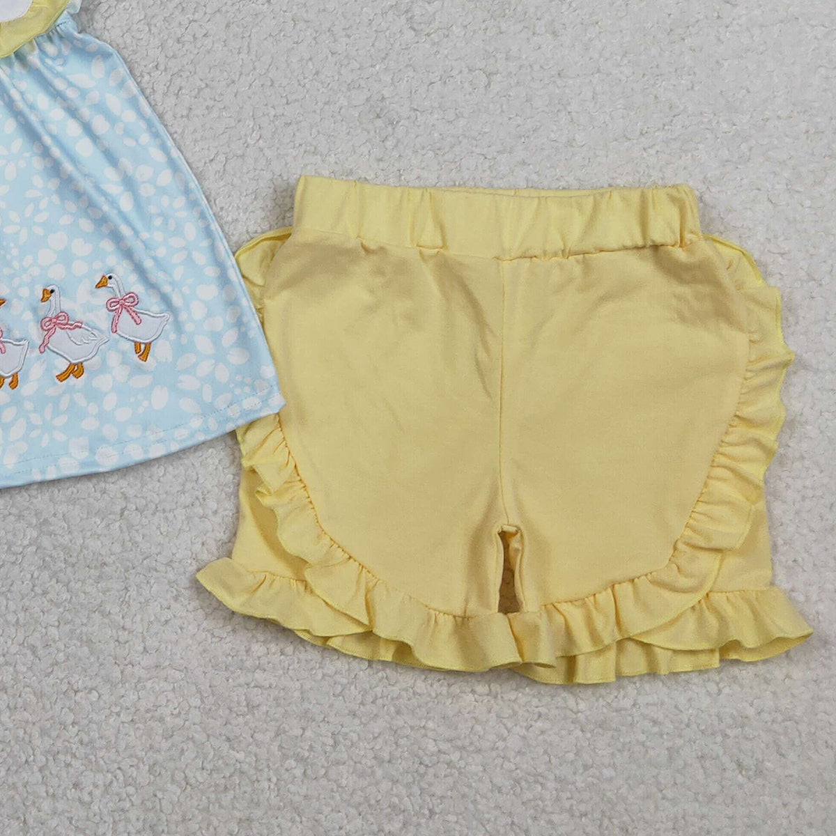 2.4 RTS NO MOQ （In stock）GSSO2796 Embroidery Silly Gooses Baby Girls Floral Tunic Ruffle Shorts Clothes Sets