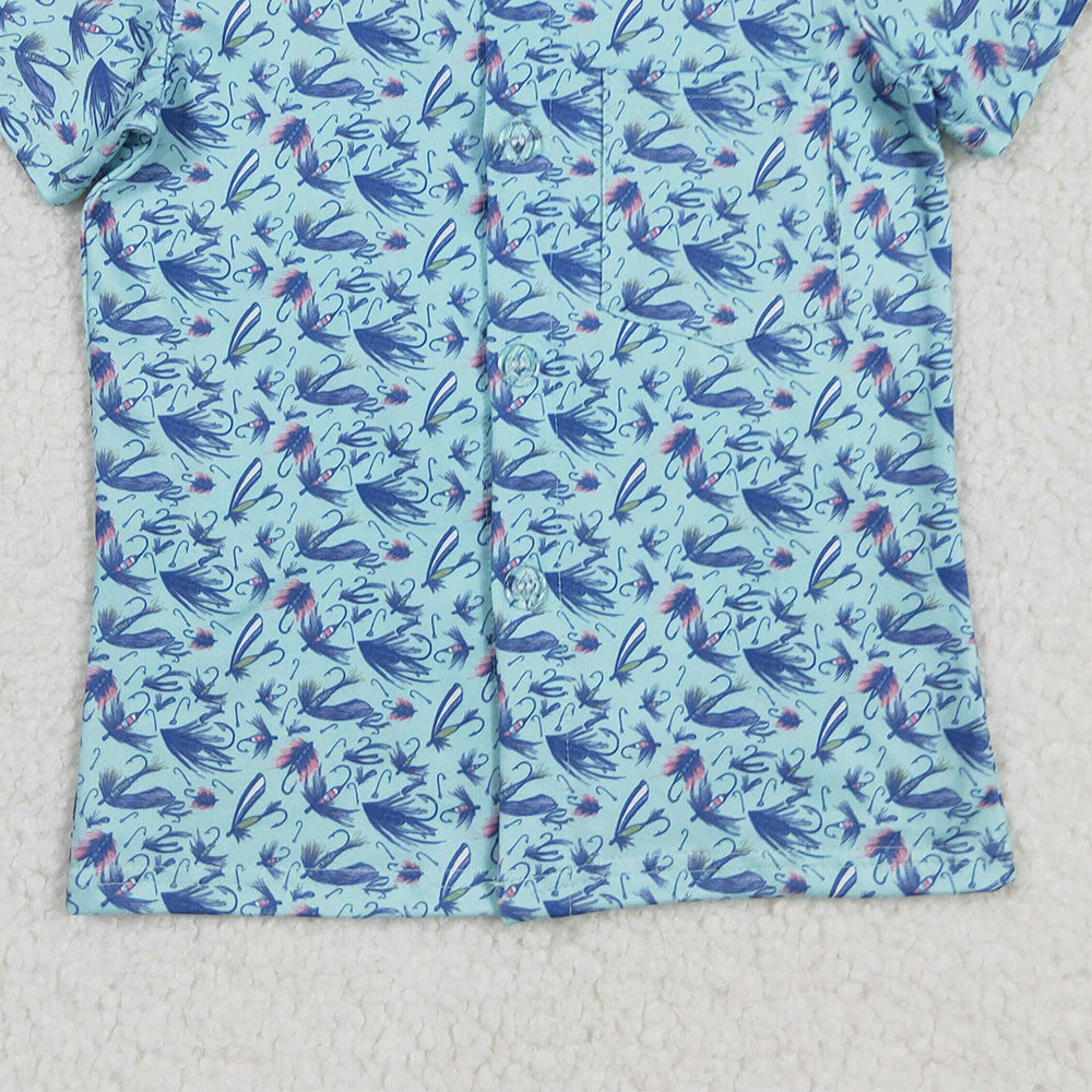 RTS NO MOQ （In stock）BT1296 Baby Boys Summer Tops Short Sleeves Blue Flowers Button Shirts Top