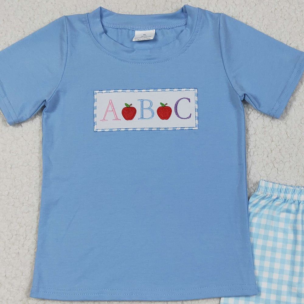 7.01 BSSO1331RTS NO MOQ Baby Boys Summer Boys Outfits Baby Boys Blue Embroidery Apple ABC Top Plaid Shorts Back To School Clothes Sets