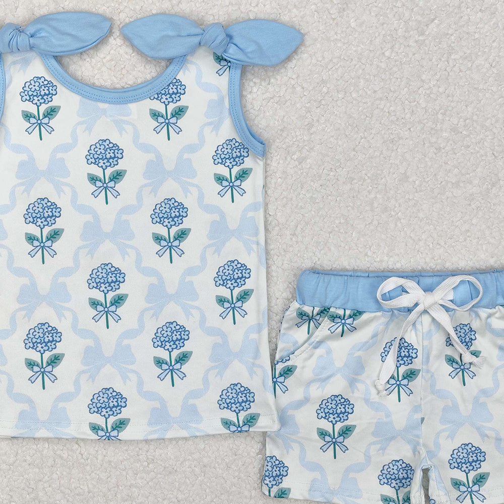 GSSO2079Kids Girls Light Blue Bow Floral Top Shorts Set Cute Floral Print Outfit for Little Girls Ages 4-12