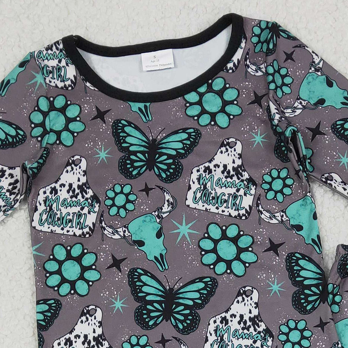 12.26 RTS NO MOQ （In stock）GLP3254 Baby Girls Bull Skulls Butterfly Turquoises Top Pants Western Pajamas Sets