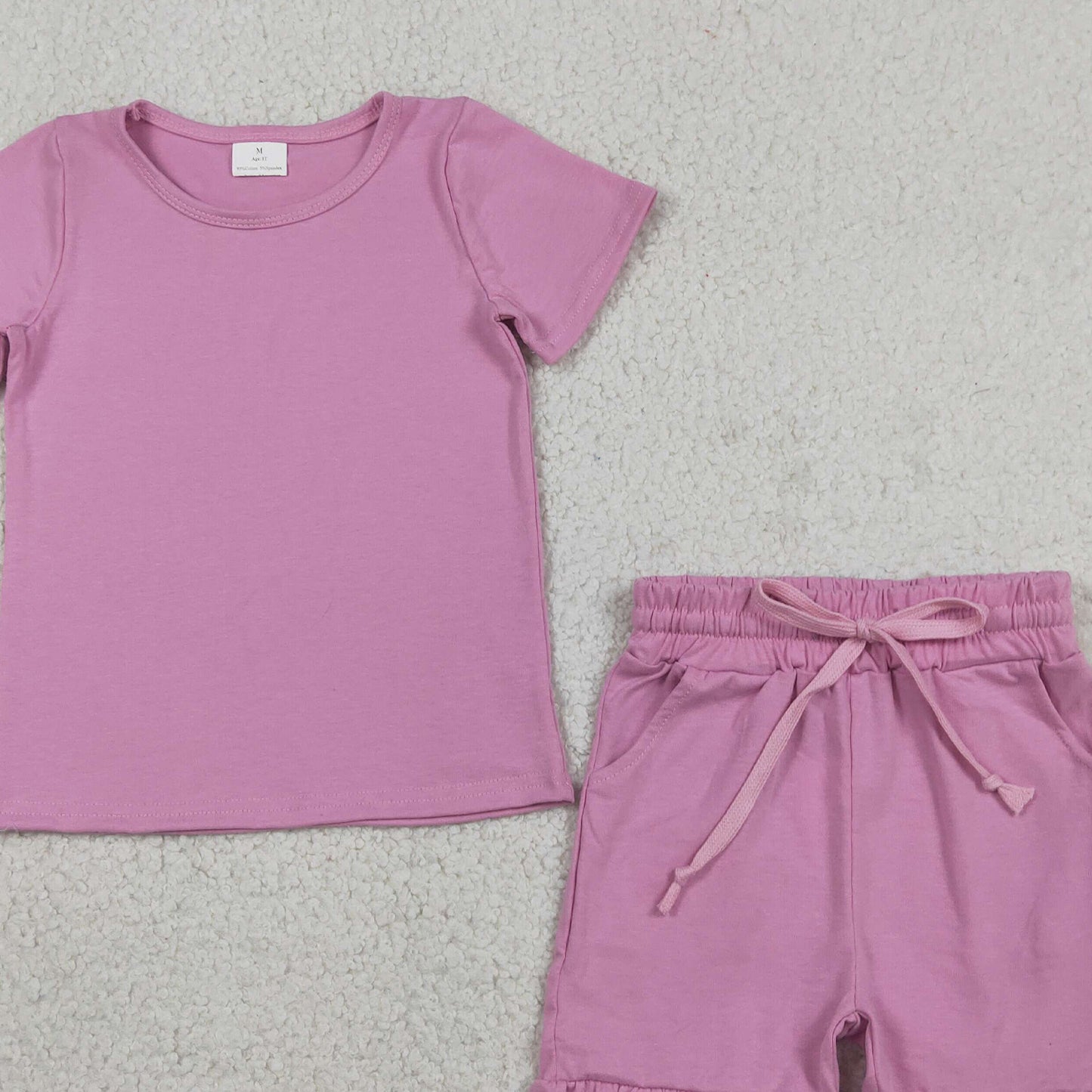 GSSO3348 RTS NO MOQ （In stock ）Short sleeves peach cotton top ruffle shorts girls outfits