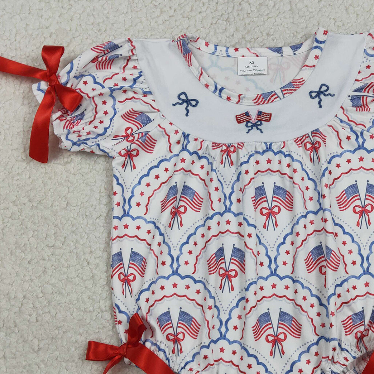 3.12 RTS NO MOQ （In stock）SR3887 Children's Fashion Romper Baby Girls Embroidery Bows Flags Checked 4th of July Ruffle Rompers