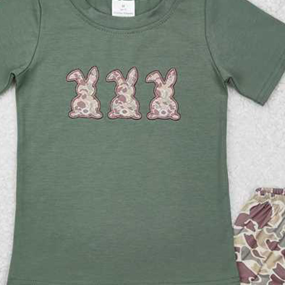 BSSO1004New Rts No Moq 8-9 Days By Air Arrived it Boys Camouflage Bunny Short Sleeve Top with Camouflage Shorts Easter Themed Outfit Set for Kids