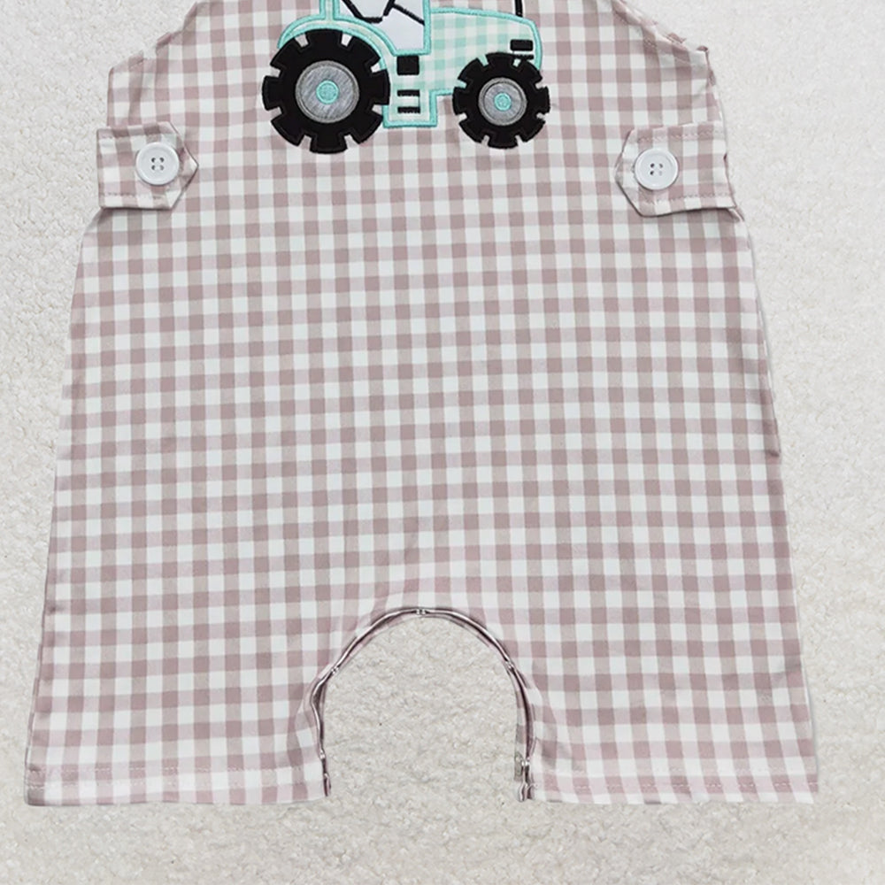 SR0631 RTS NO MOQ Baby Boys Summer Rompers Baby Infant Boys Straps Tractor Khaki Chekered Summer Farm Rompers