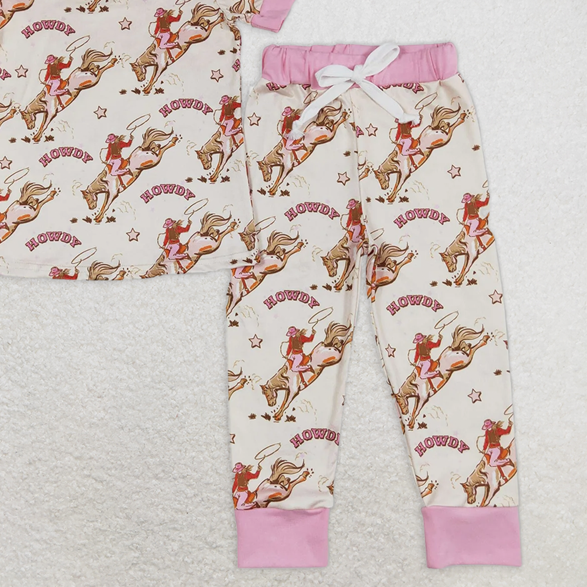 GSPO1488 RTS NO MOQ Baby Girls Pajamas Outfits howdy horse riding pink hem short-sleeved trousers pajamas set