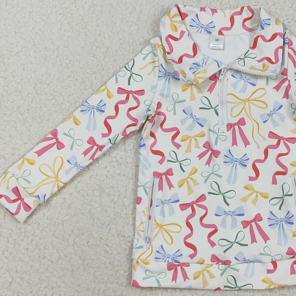 RTS NO MOQ （In stock）GT1065 Baby Girls Yoga Tops Baby Girls Colorful Bows Pockets Zipper Yoga Active Pullovers Top